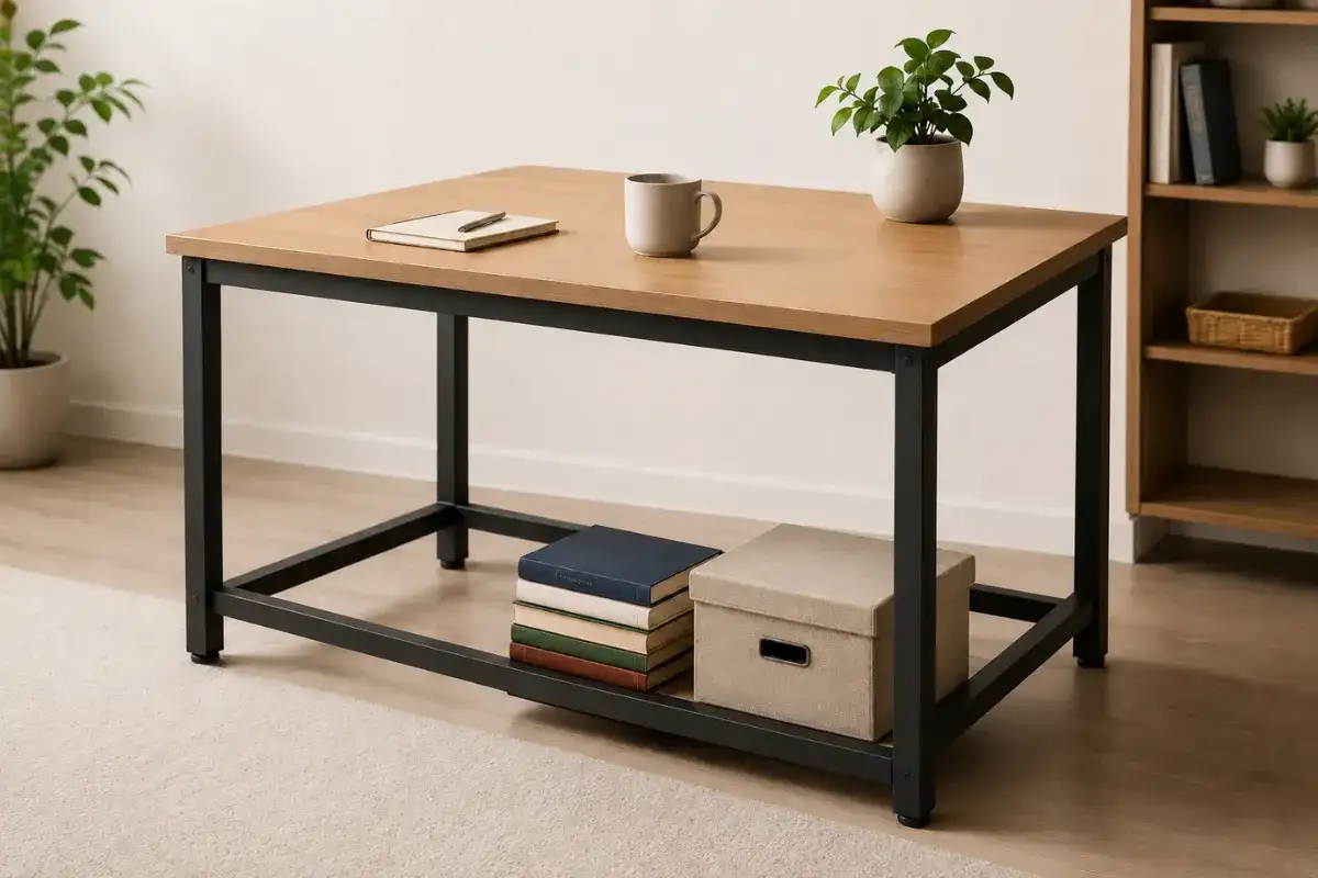Wooden table with black metal frame weighted by books and a storage box to reduce light wobbling