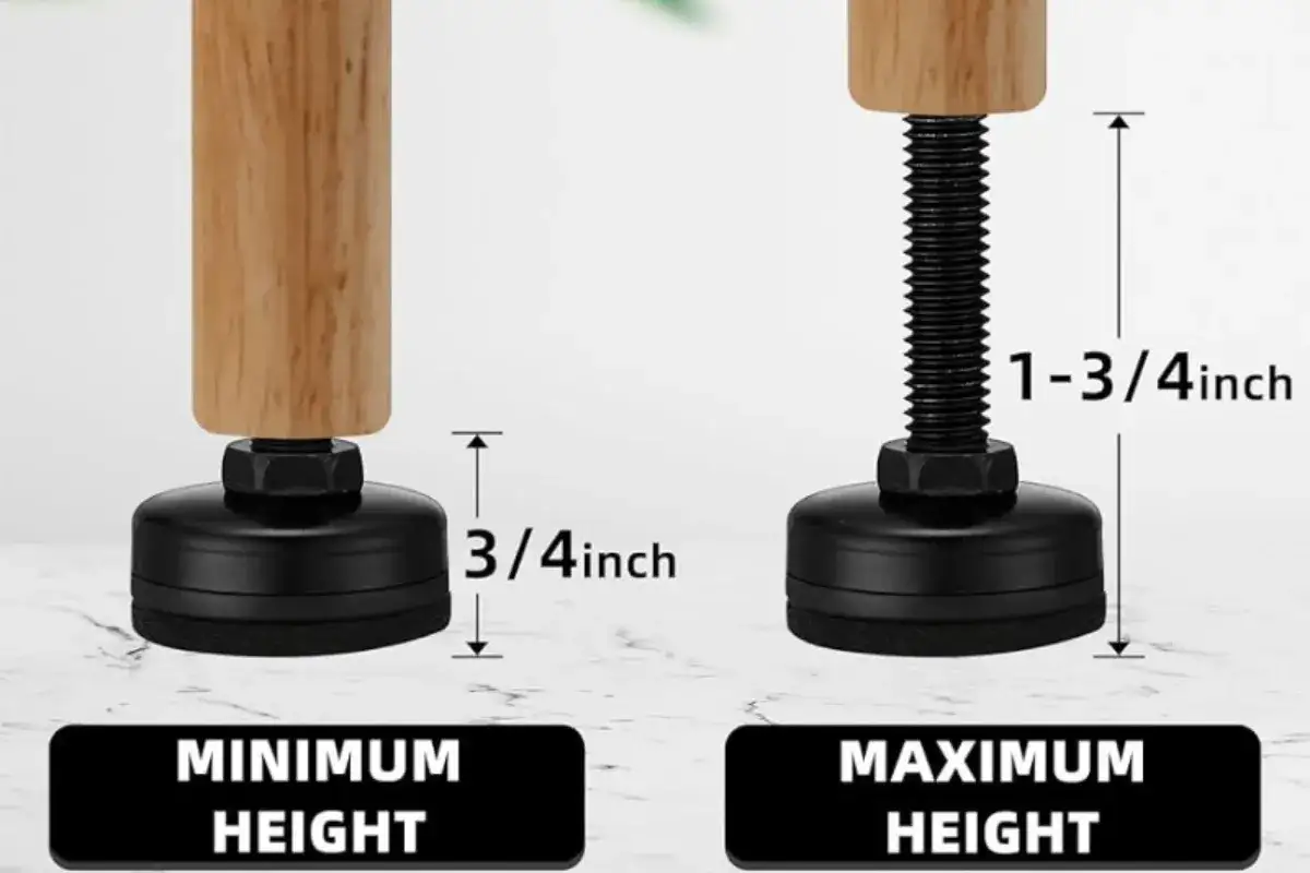 Adjustable table leg levelers showing minimum and maximum height settings for stabilizing uneven furniture
