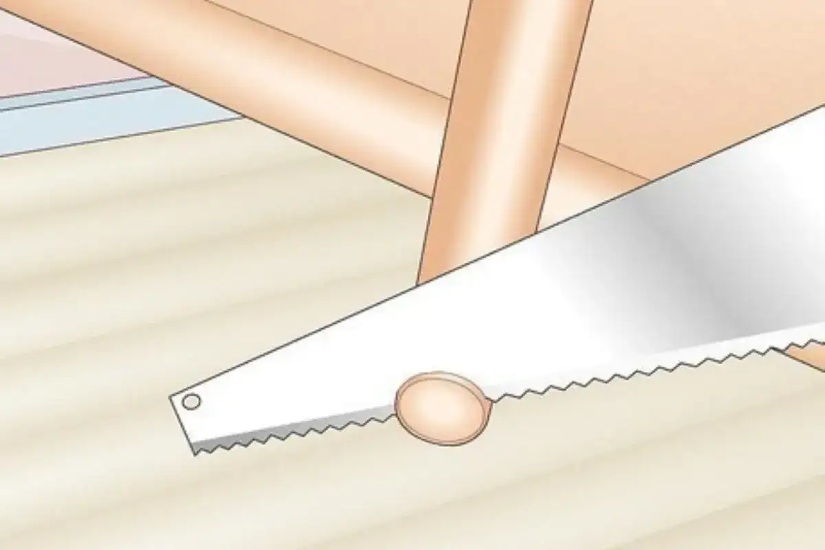 Illustration of a hand saw cutting a wooden table leg to adjust uneven table height
