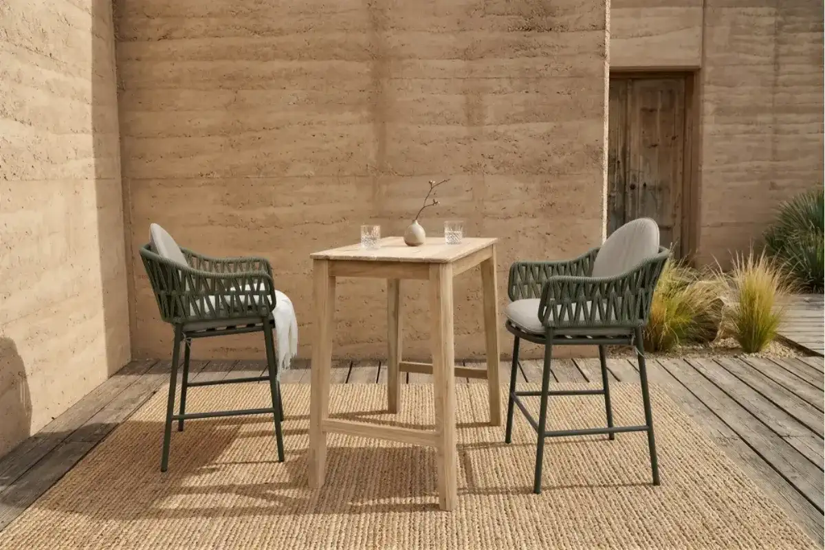 VINO two-chair outdoor tea table set with green rope chairs and a wooden high table