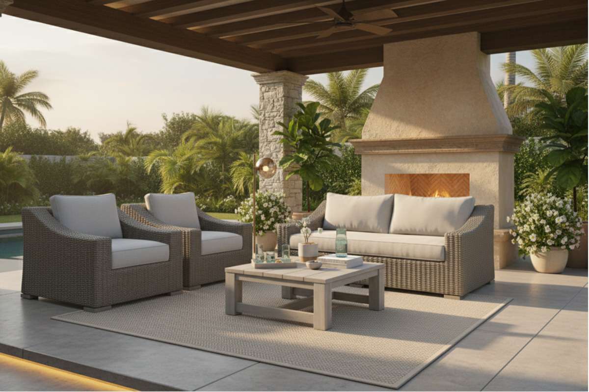 A serene outdoor terrace featuring a 4-seater woven sofa set with neutral cushions, arranged under a covered patio beside a modern fireplace and lush tropical greenery.