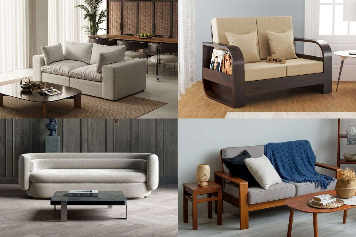 Collage of indoor 2-seater sofas displayed in compact living spaces and small private rooms.