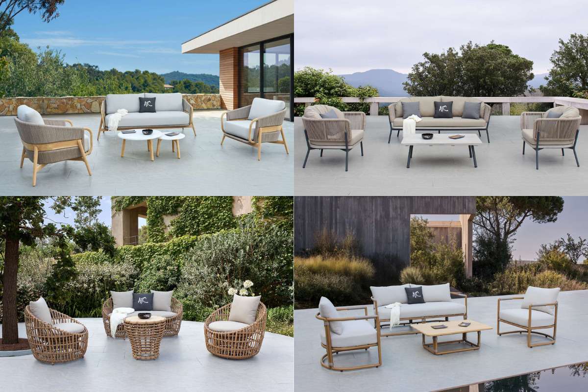 Ảnh cắt dán các sofa 4 chỗ ngồi ngoài trời được sắp xếp trên sân thượng rộng rãi kiểu khu nghỉ dưỡng và trong khung cảnh vườn.