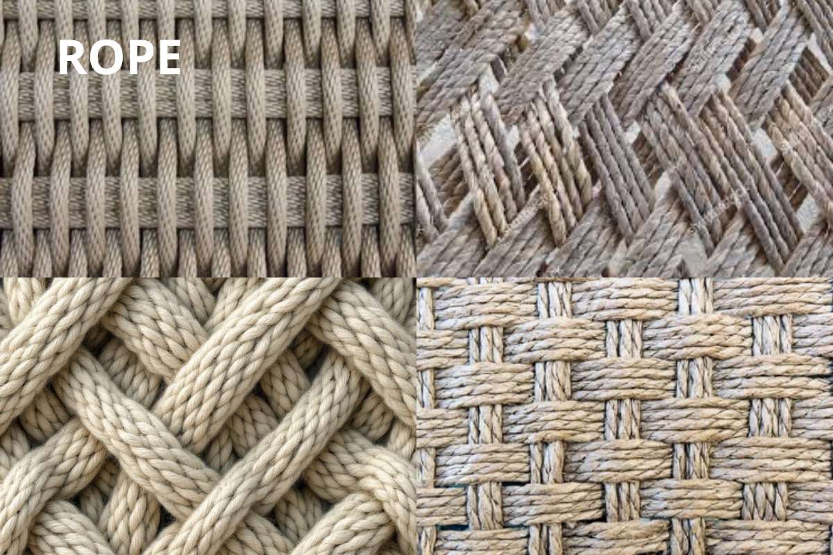Close-up collage of rope weaving patterns used in outdoor 4-seater sofas, showing UV-treated and quick-dry fibers.