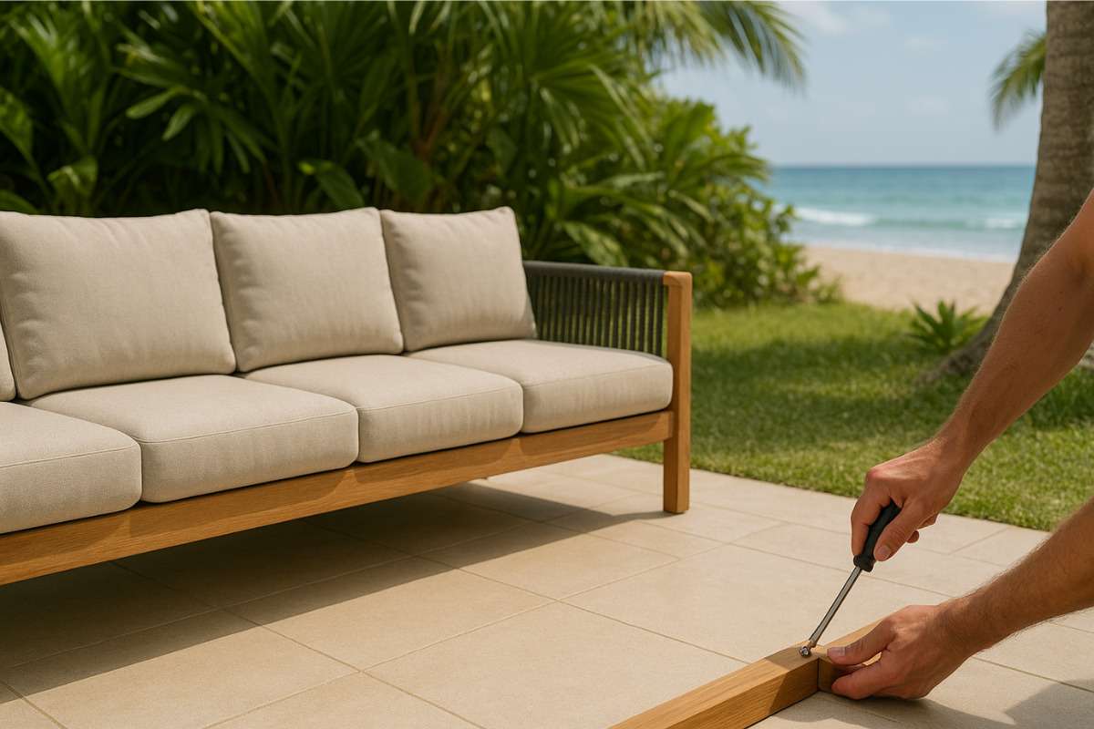 Person tightening screws on an outdoor 4-seater sofa placed in a beachfront villa setting.