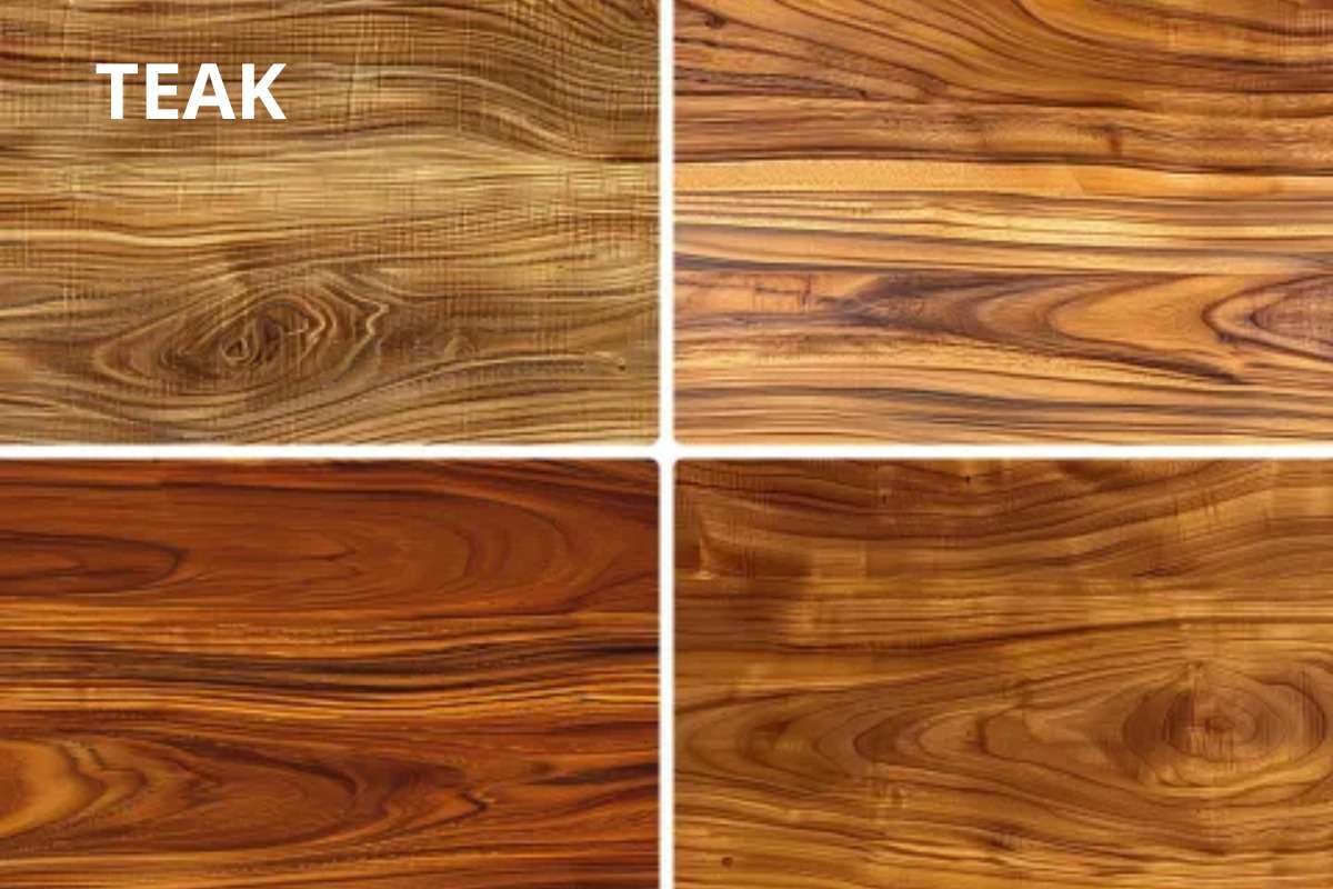 Close-up collage of teak wood grains in warm natural tones used for premium indoor and semi-outdoor furniture.