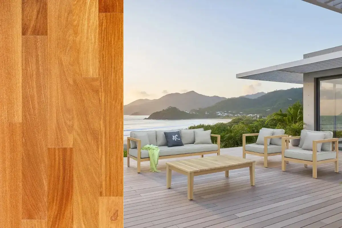 Vân gỗ teak và bộ sofa teak ngoài trời cho không gian khách sạn cao cấp