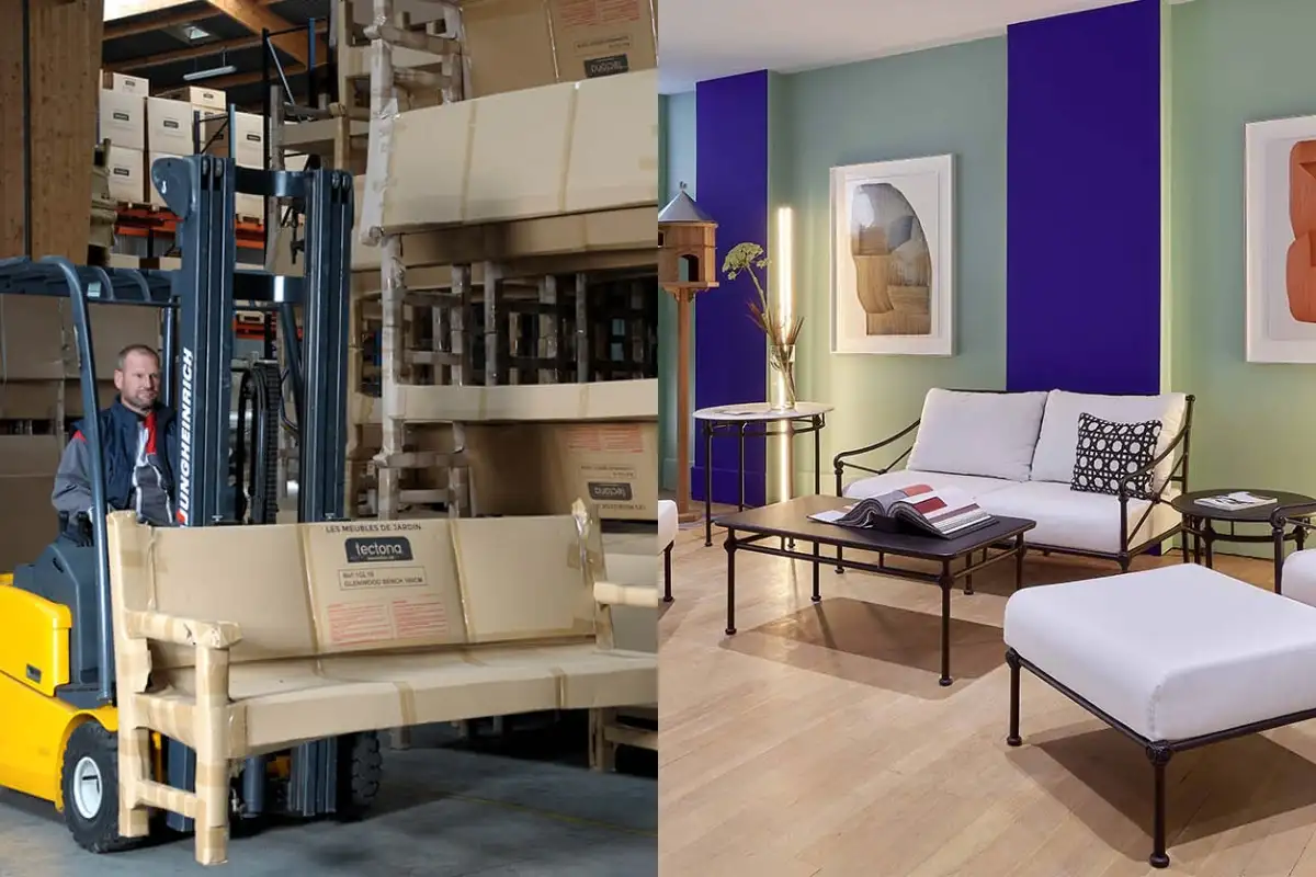 Image of packaging for customer delivery and the Tectona showroom