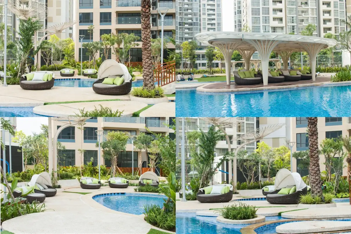 Hình ảnh nhiều góc của ghế nằm mây tròn bố trí bên hồ bơi biệt thự sang trọng, thể hiện sản phẩm ngoại thất từ ATC Furniture.