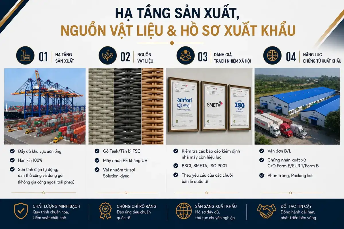 Tiêu chí đánh giá hạ tầng và năng lực xuất khẩu nhà máy nội thất ngoài trời dự án 