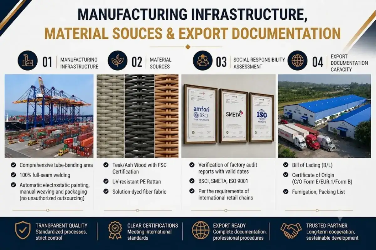 Infrastructure and export capability criteria for contract outdoor furniture factory audit