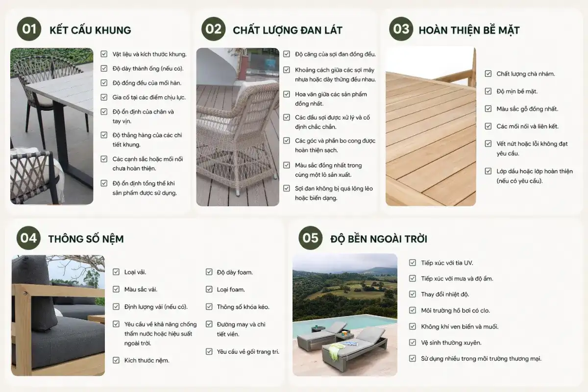 Năm tiêu chí kiểm tra chất lượng sản phẩm nội thất ngoài trời.