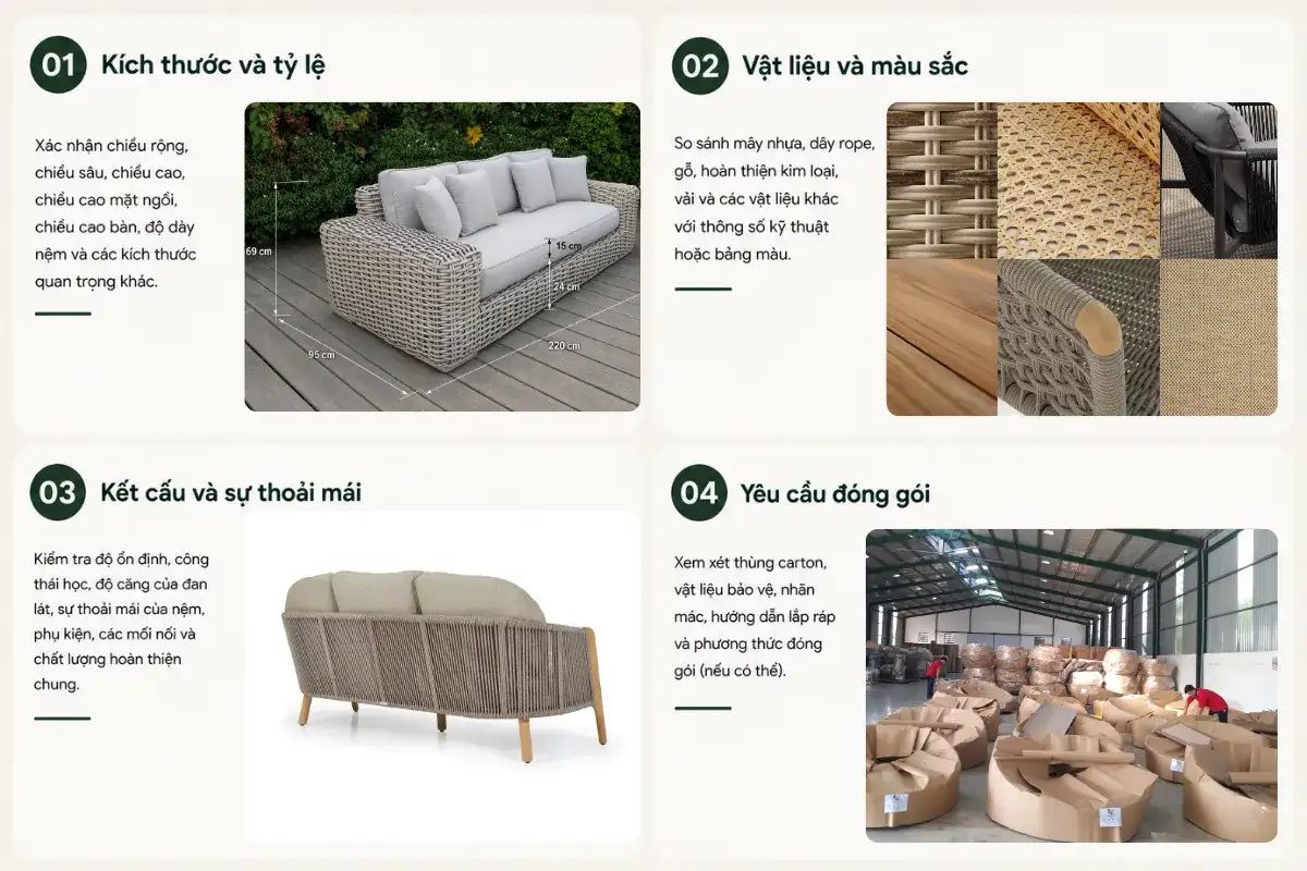 Các tiêu chí kiểm tra mẫu nội thất ngoài trời trước khi sản xuất số lượng lớn.