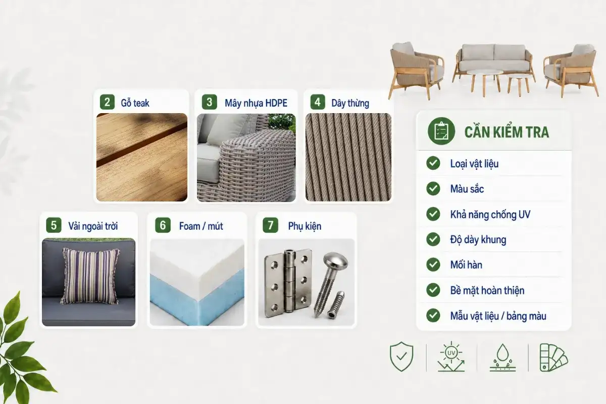 Người mua nên xác minh các thông số vật liệu cụ thể thay vì chỉ dựa vào những mô tả chung như cao cấp hay chịu thời tiết.