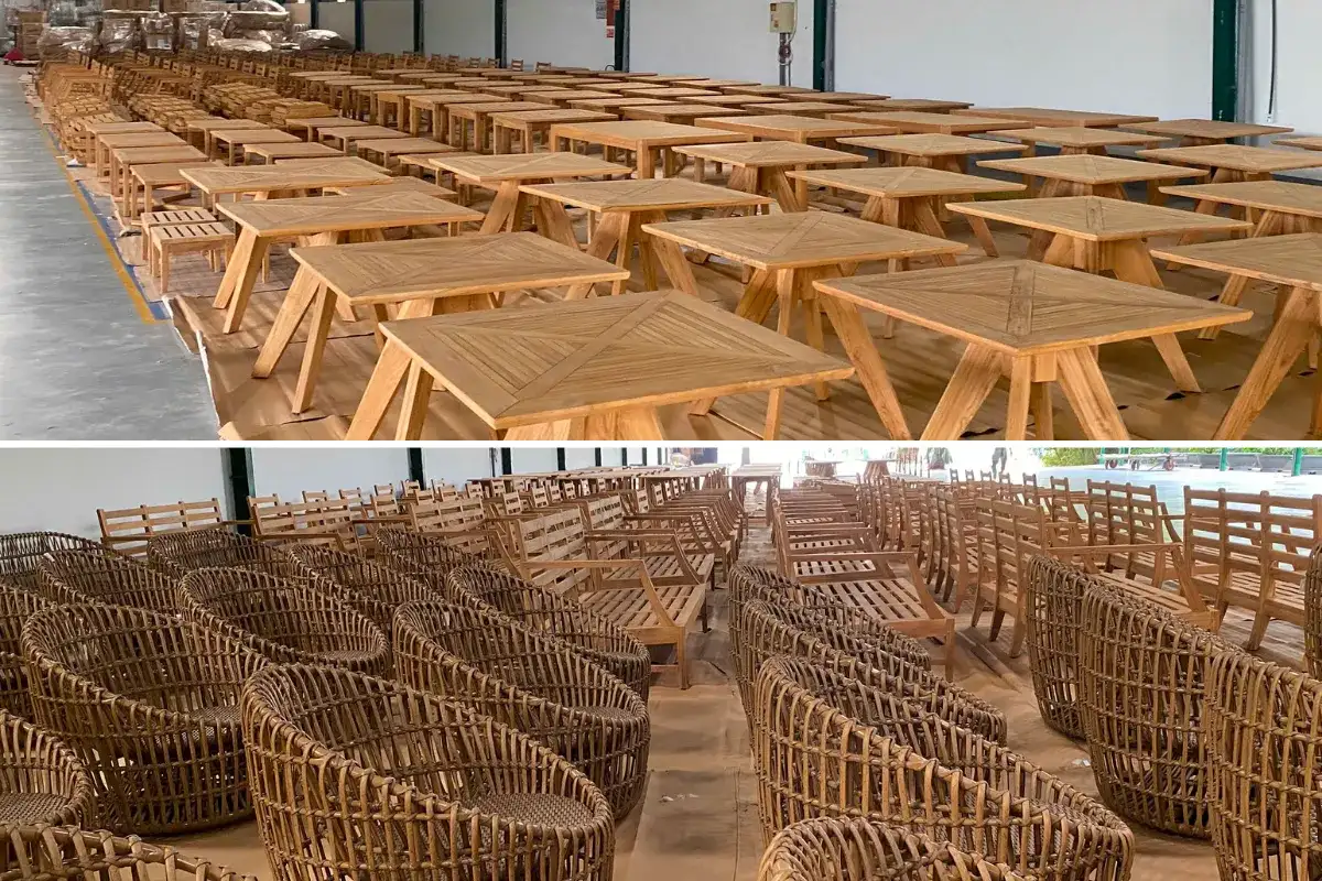 Outdoor furniture factory production capacity with large batches of wooden tables and chairs.