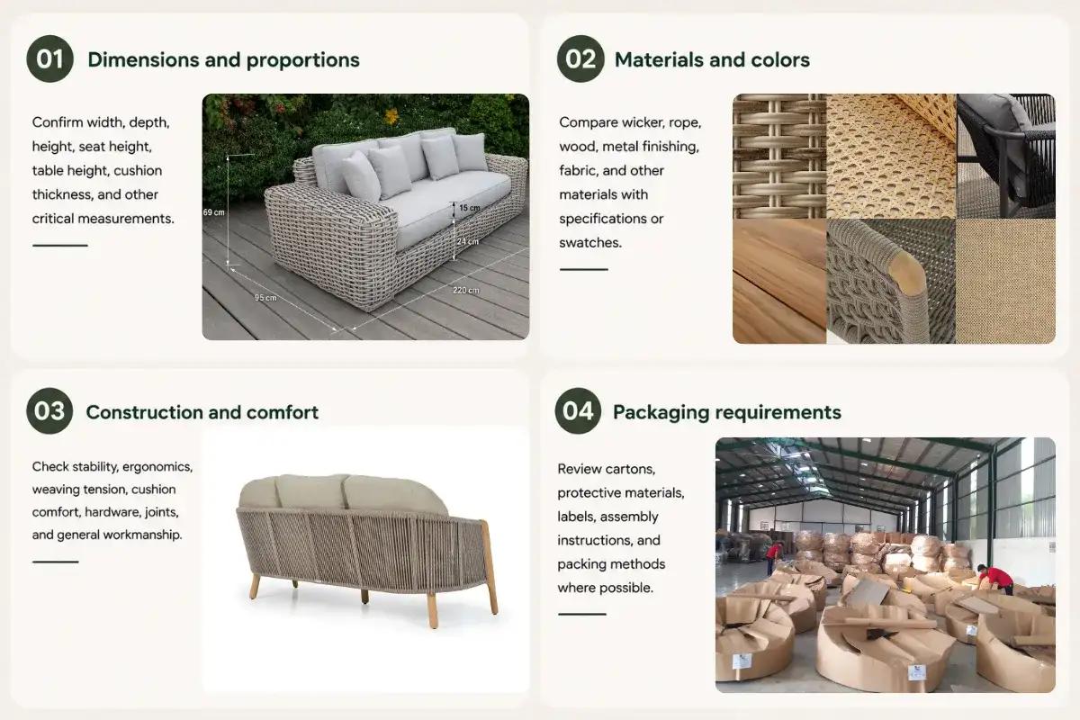 Key checks for outdoor furniture sample approval before bulk production.