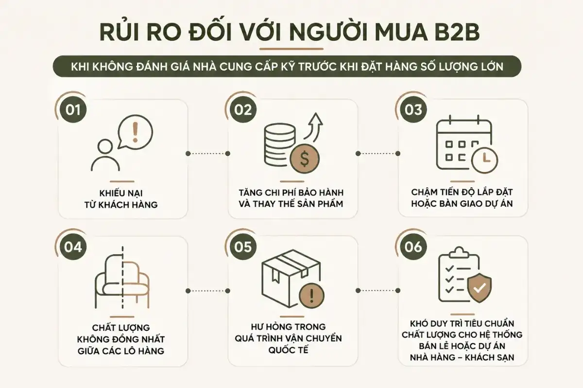 Các rủi ro đối với người mua B2B khi lựa chọn nhà cung cấp nội thất không được kiểm tra kỹ.