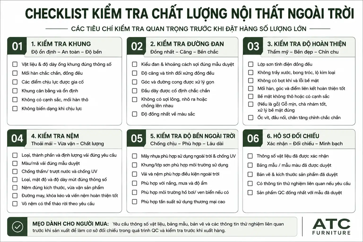 Checklist kiểm tra chất lượng nội thất mây về khung, đường đan, nệm và độ bền ngoài trời.
