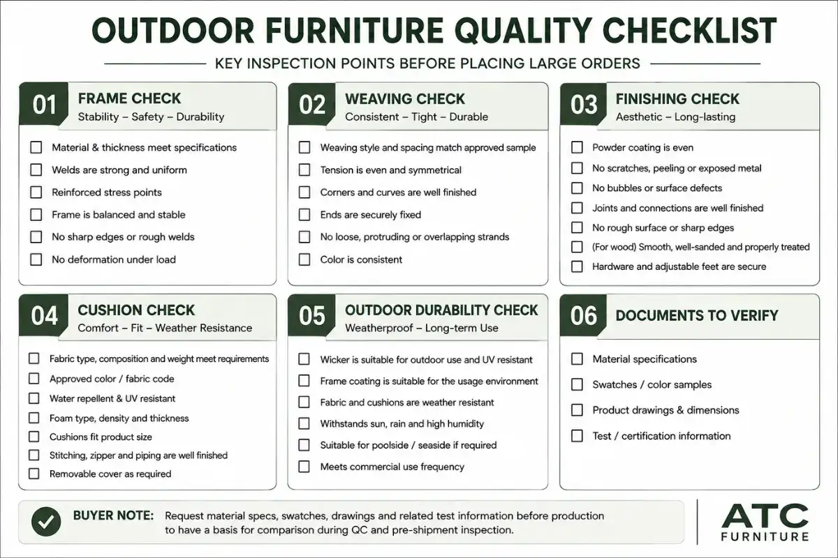 Rattan furniture quality checklist for inspecting frame, weaving, cushions and outdoor durability.