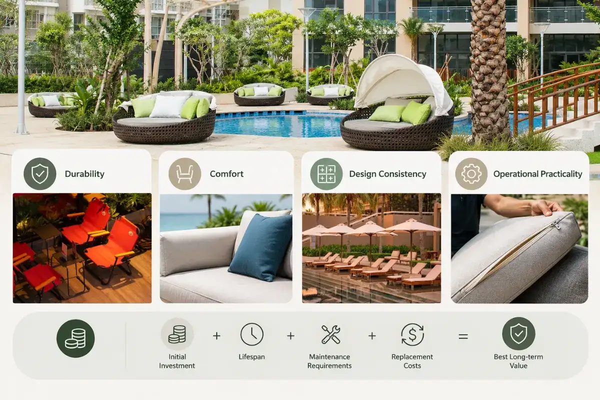 Hotel outdoor furniture evaluation based on durability, comfort, design consistency, and operational practicality.
