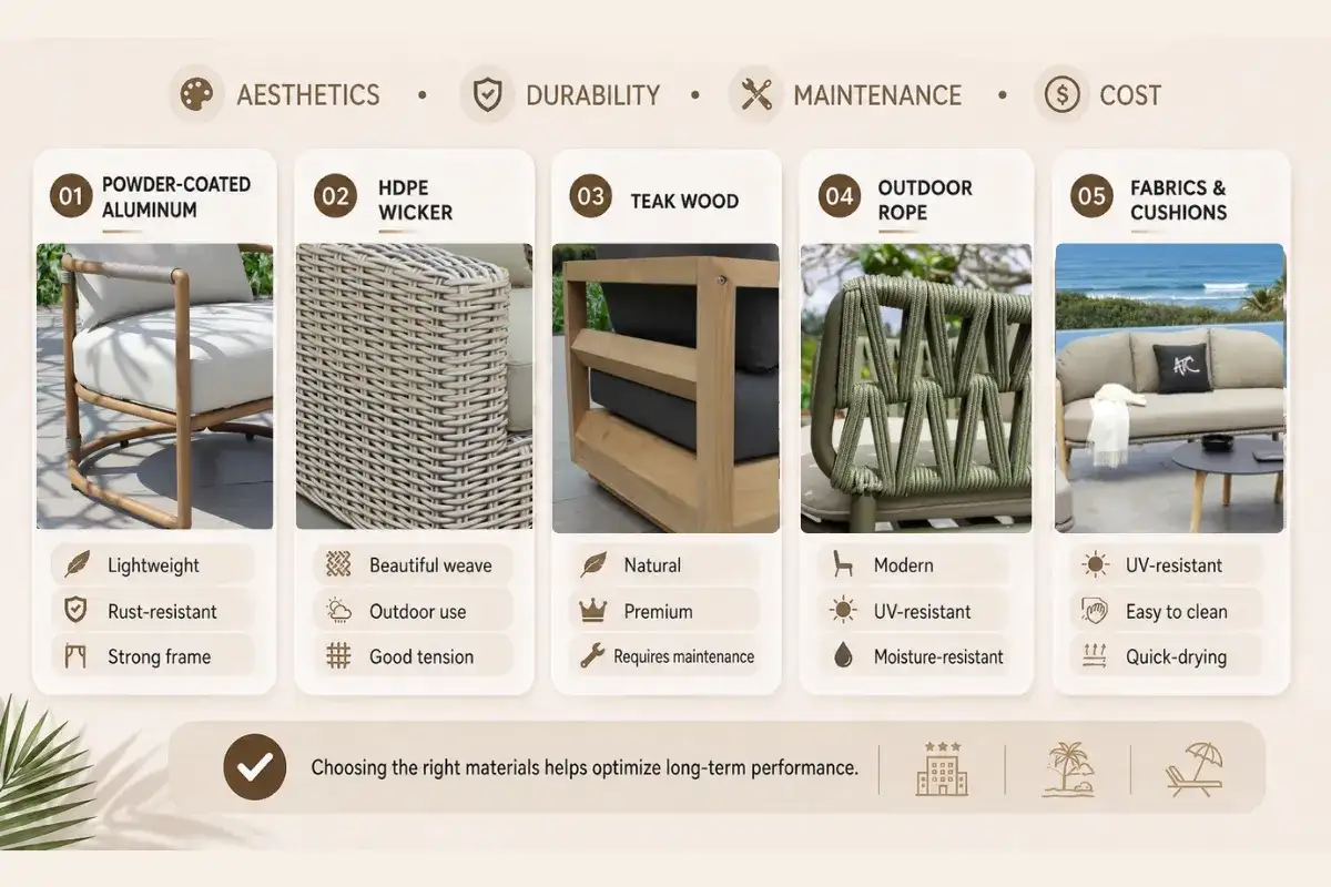 Outdoor furniture material guide covering aluminum, wicker, teak, rope, and outdoor cushions.