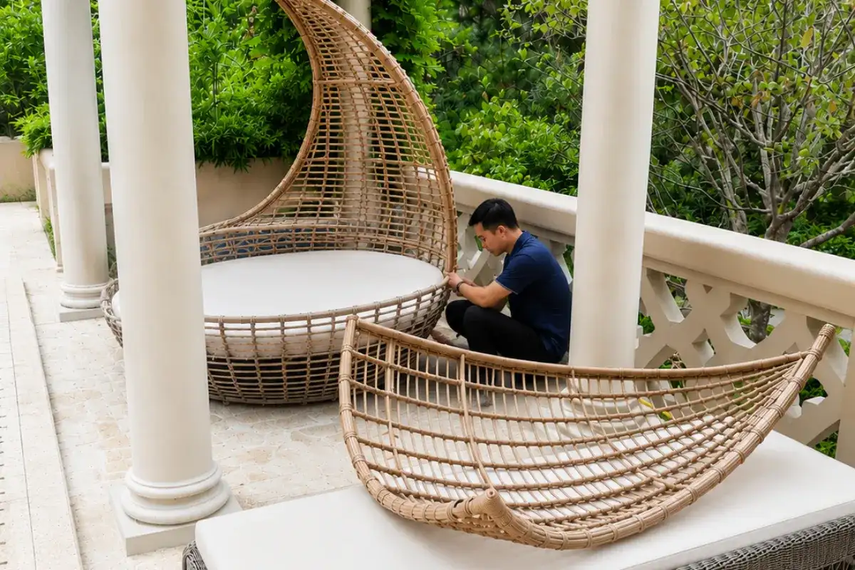 Technician maintaining woven outdoor furniture for future replacement and repair.