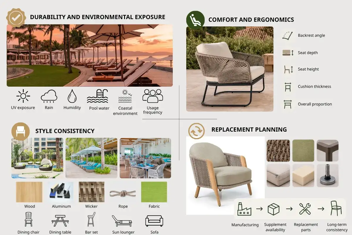 Hotel outdoor furniture project requirements covering durability, comfort, design consistency, and replacement planning.