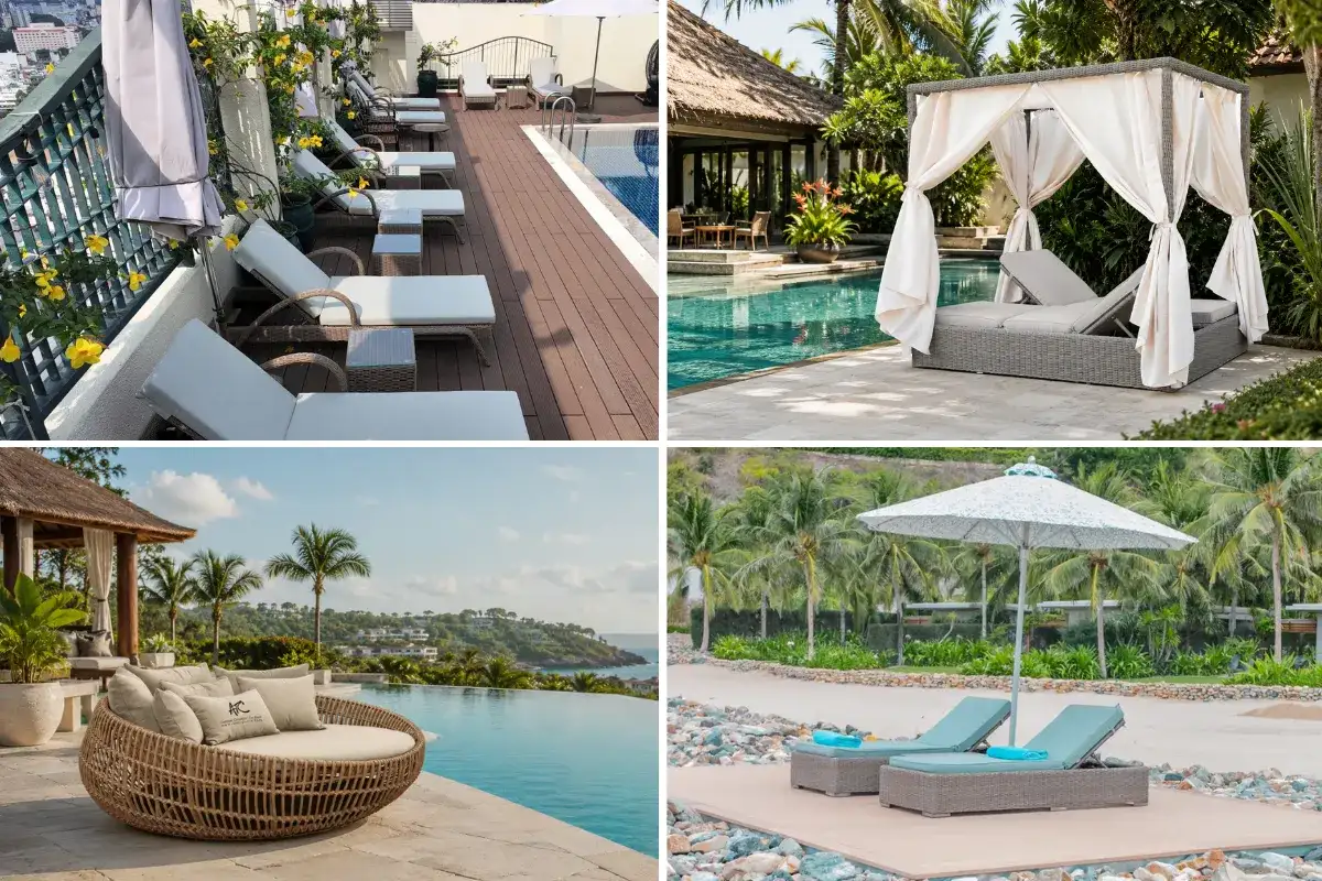 Commercial outdoor loungers and daybeds arranged around hotel swimming pools.
