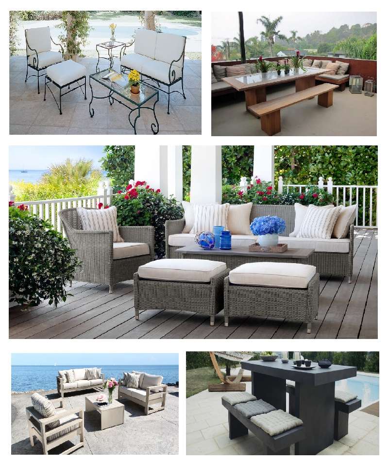 Various outdoor furniture materials displayed on a wooden deck