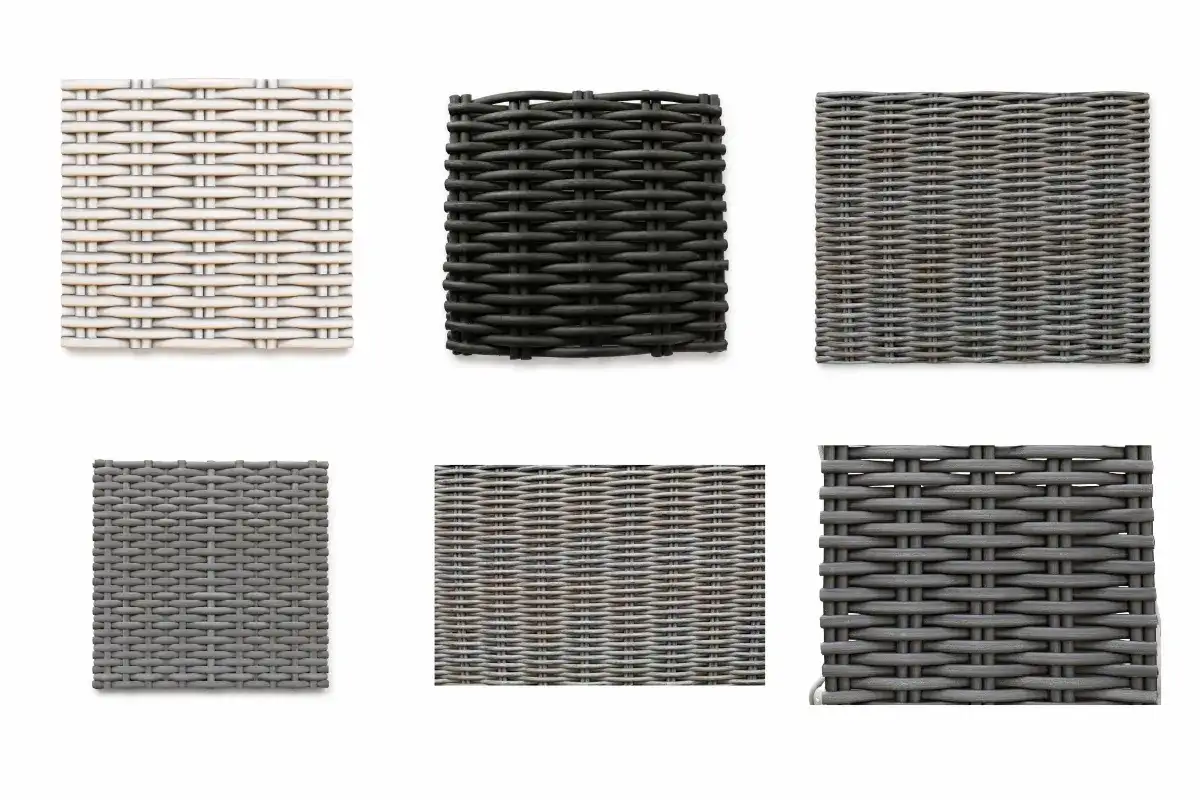 Synthetic rattan weaving samples in different colors and textures, including white, black, gray, and natural wicker patterns