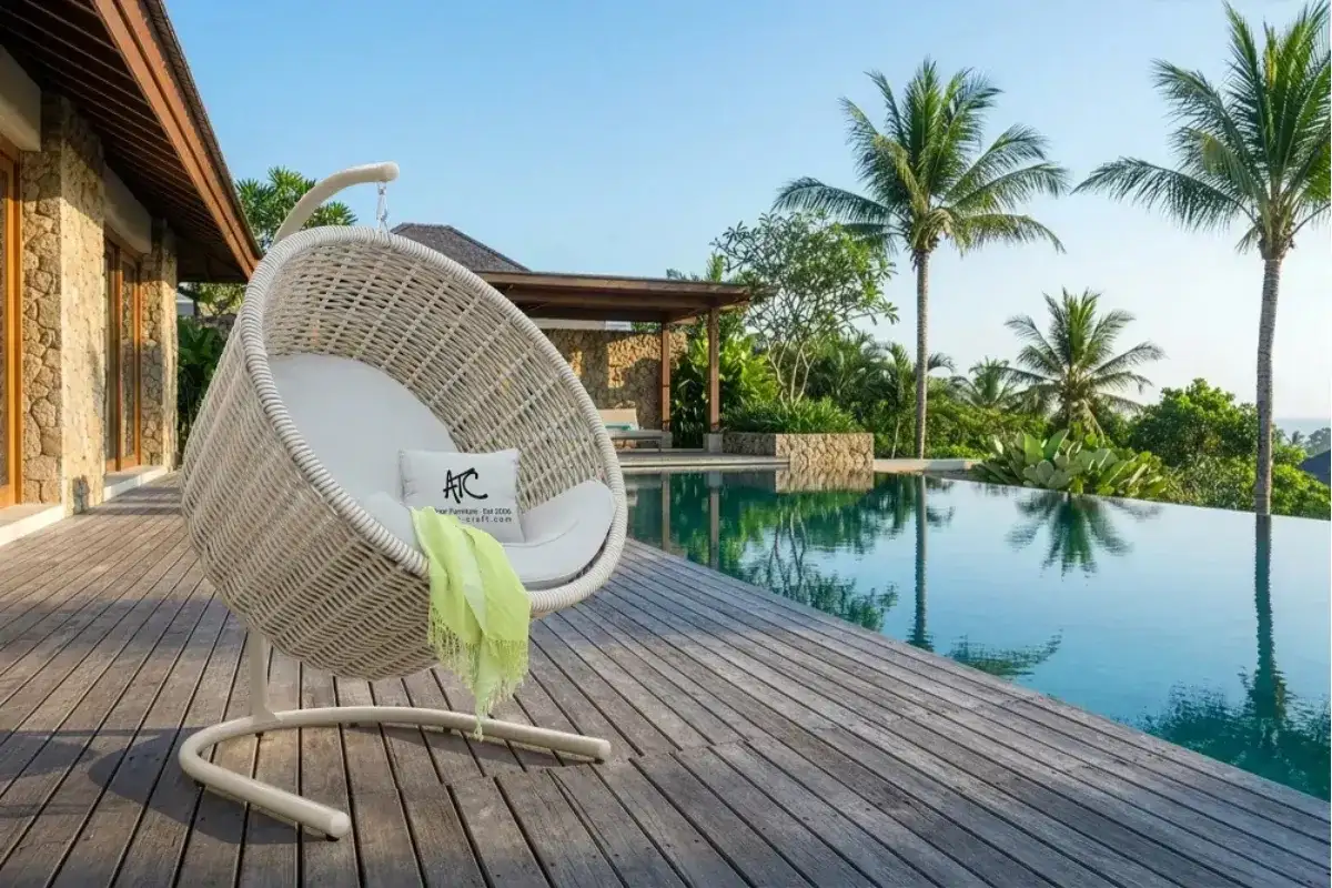 COSTA outdoor hanging basket swing chair in white wicker placed on a tropical poolside deck at a villa
