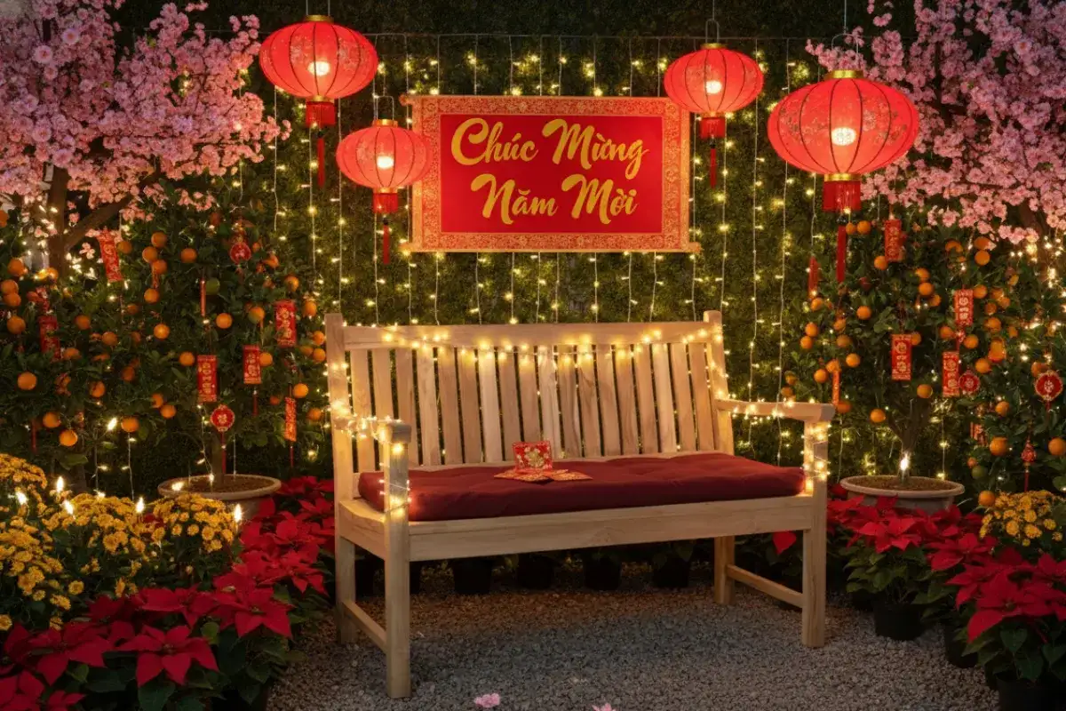 Không gian sân vườn Tết buổi tối với đèn lồng đỏ, đèn fairy light, cây hoa, chậu quất và băng ghế gỗ