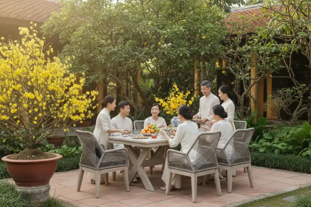 Gia đình quây quần ngoài trời ngày Tết bên bàn ăn, hoa mai vàng và không gian sân vườn xanh mát