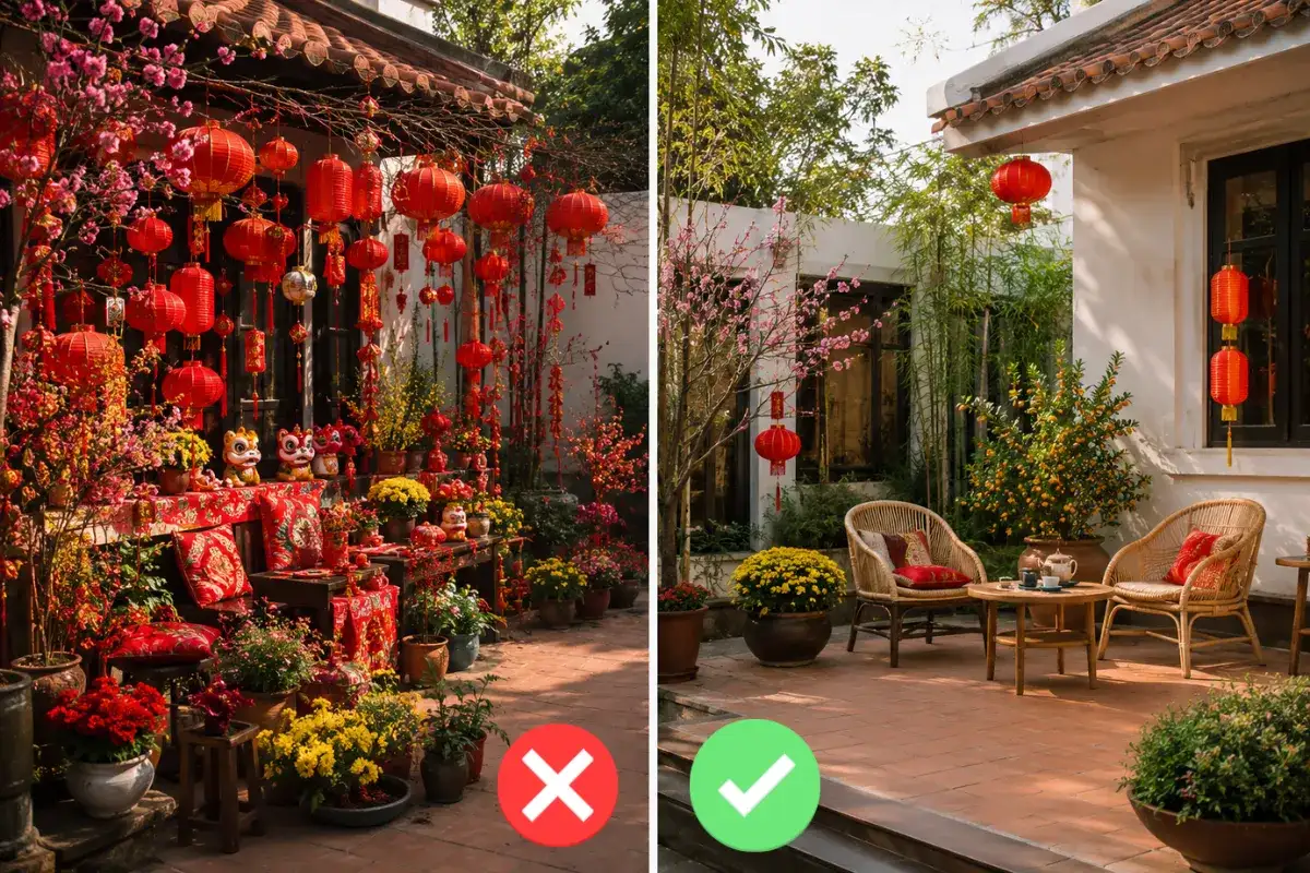 So sánh sân vườn trang trí Tết rối mắt và bố cục cân đối với đèn lồng đỏ, hoa xuân, ghế ngoài trời và phụ kiện lễ hội