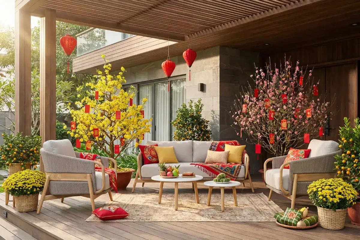 Góc tiệc trà khai xuân ngoài trời sang trọng với bộ sofa sáng màu, đèn lồng đỏ, cây mai vàng, hoa đào và decor Tết
