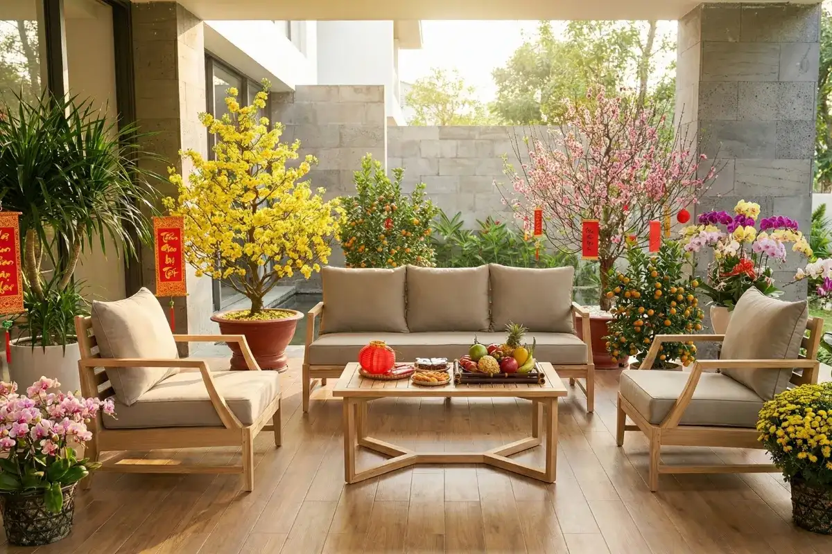 Góc ngồi ngoài trời ngày Tết với bộ sofa gỗ, cây mai, cây đào và các chậu hoa trang trí
