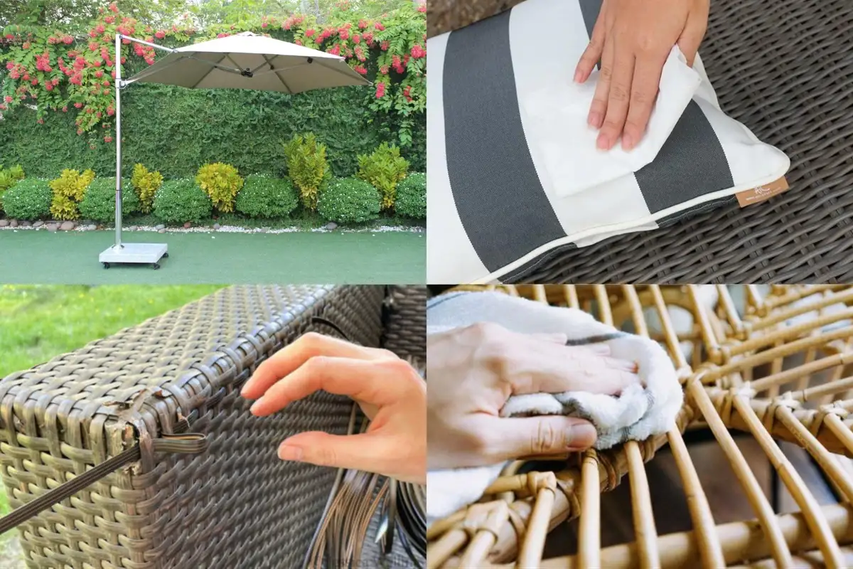 Four images illustrating practical aspects of outdoor furniture: cleaning cushions, maintaining wicker, checking durability, and lifestyle functionality.