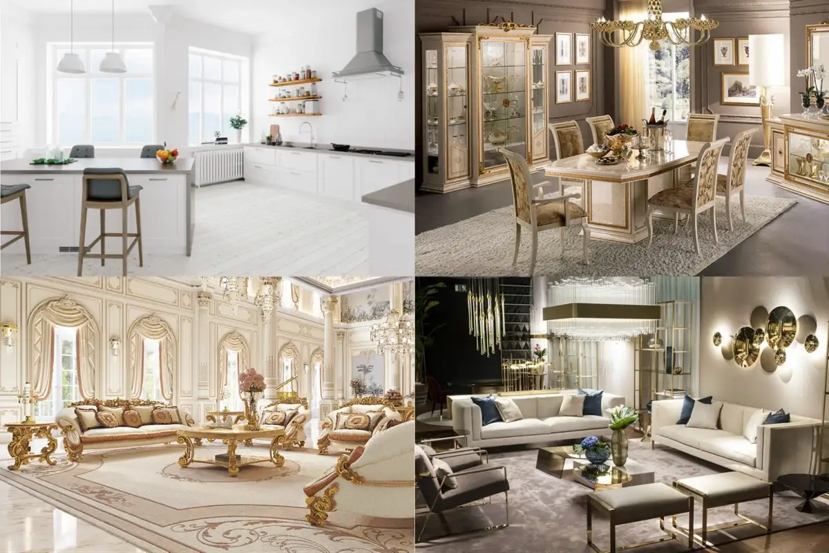 Four home interior styles displayed: minimalist kitchen, elegant dining area, opulent classic lounge, and sleek modern living room.