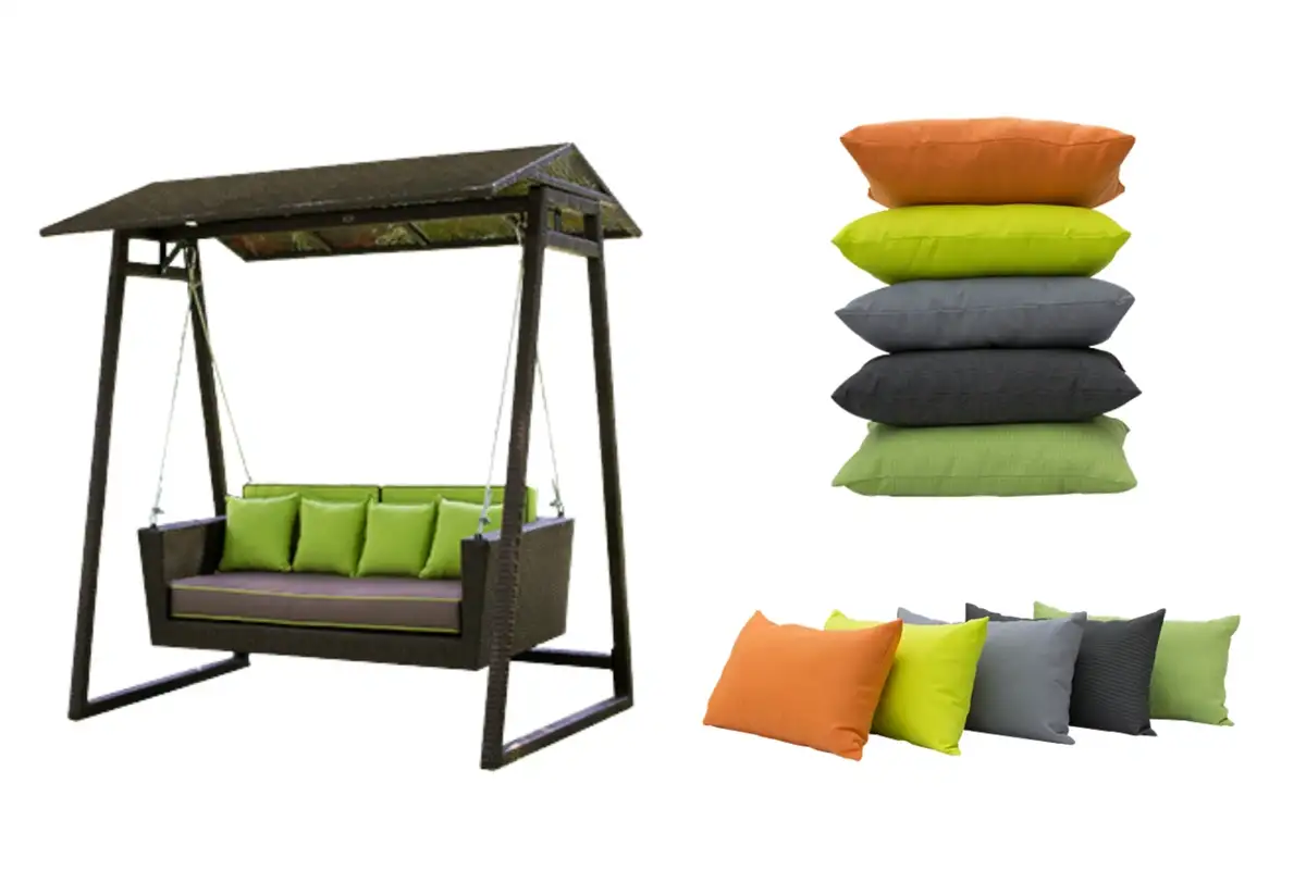 A modern outdoor swing with customizable cushions shown alongside various color options for bespoke outdoor designs.