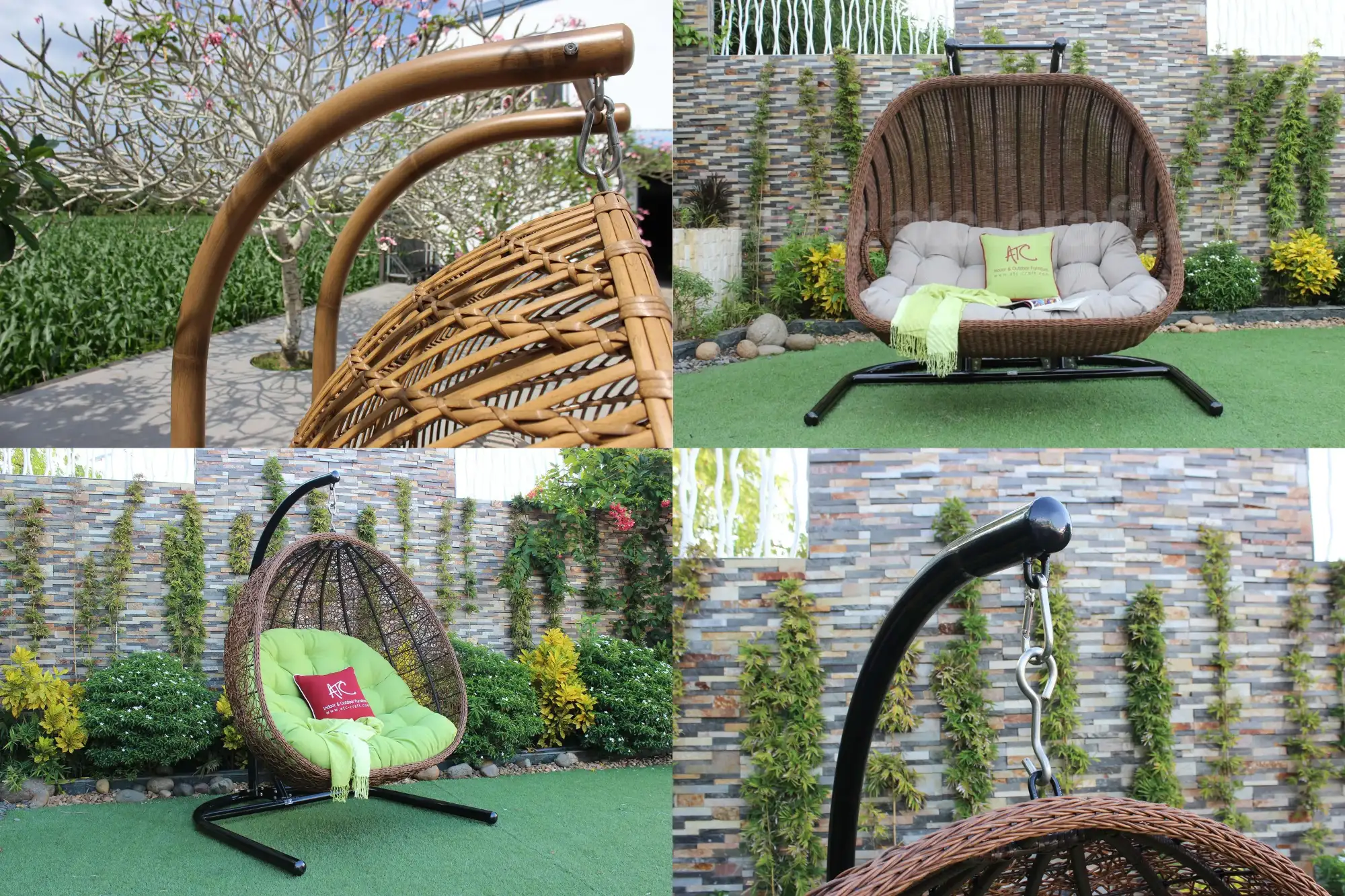 Close-up of frame structure, base support, and hanging system on an outdoor double egg chair