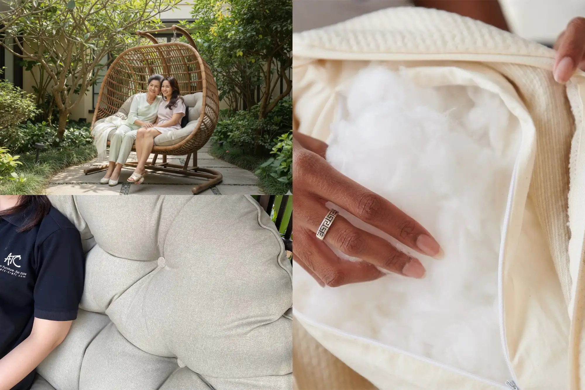 Close-up of cushions, fabric, and seating comfort on a double egg chair
