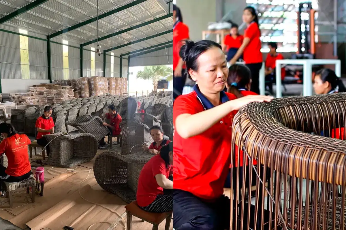 Skilled craftsmen inspecting wicker weaving quality for outdoor furniture