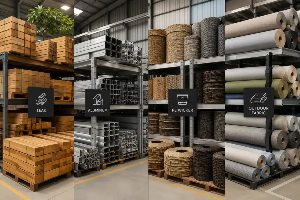 Outdoor furniture raw materials including teak, aluminum, PE wicker, and outdoor fabric