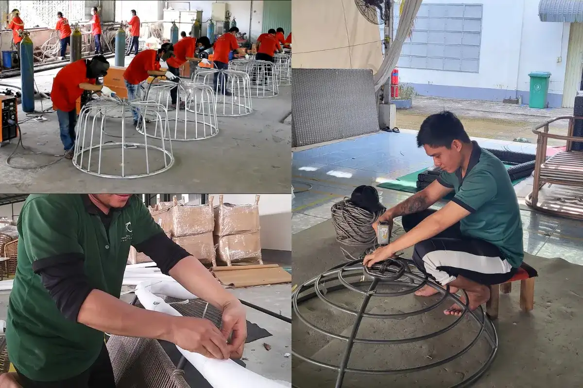 Outdoor furniture manufacturing processes demonstrating factory production capability in Vietnam