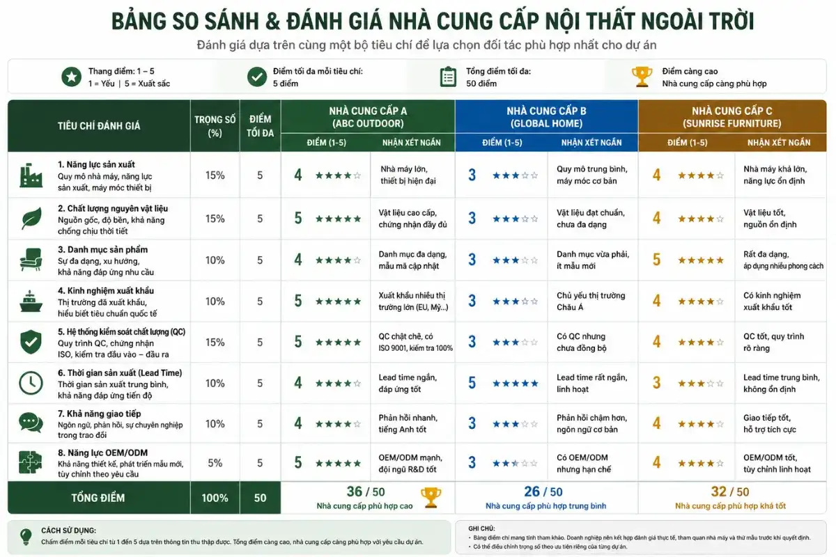 Bảng đánh giá nhà cung cấp nội thất ngoài trời về năng lực sản xuất chất lượng và kinh nghiệm xuất khẩu