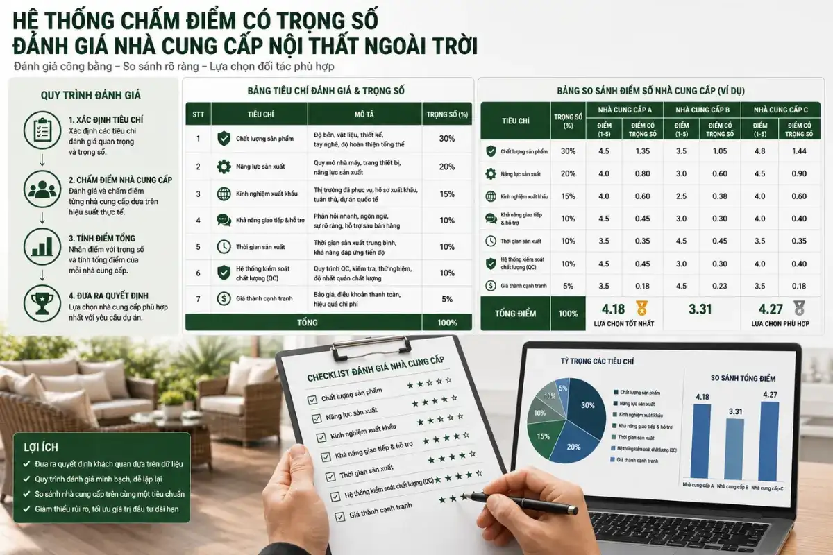 Bảng chấm điểm có trọng số để đánh giá và so sánh các nhà cung cấp nội thất ngoài trời