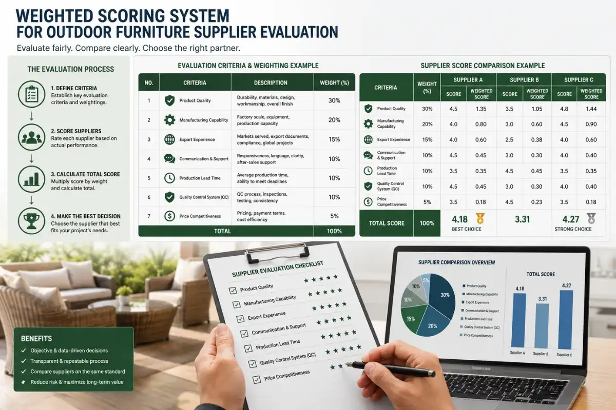 Weighted scoring system for evaluating and comparing outdoor furniture suppliers