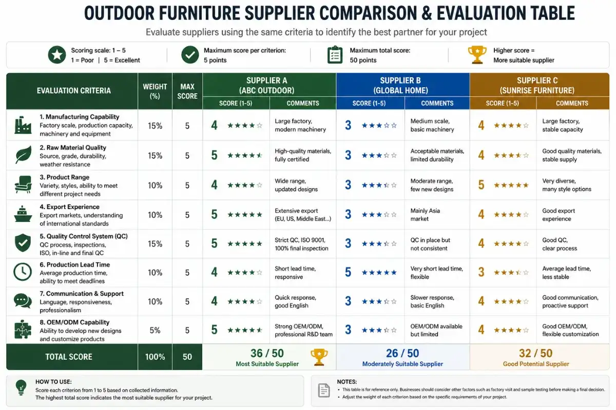 Outdoor furniture supplier evaluation table covering manufacturing quality control and export capability