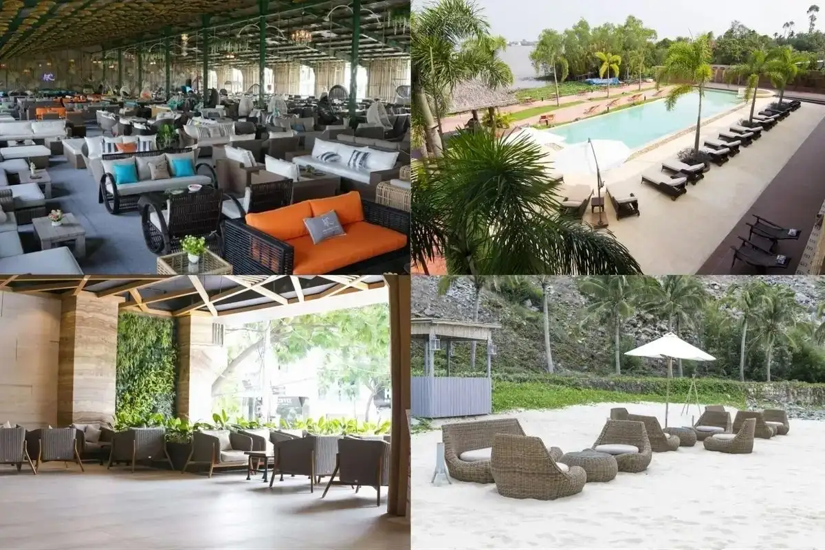 Furniture trend 2025 with rattan wicker sofas, outdoor loungers, and modern indoor lounge designs.