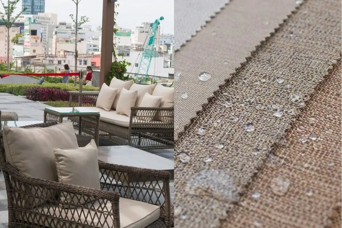 Outdoor rattan sofa set with beige Sunbrella cushions and close-up of water-resistant Sunbrella fabrics.